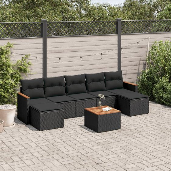 7-tlg. Garten-Sofagarnitur mit Kissen Schwarz Poly Rattan