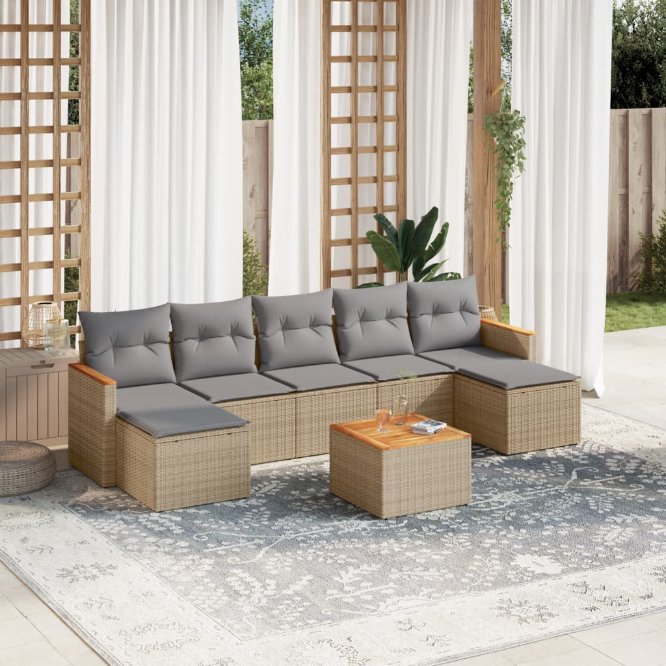 7-tlg. Garten-Sofagarnitur mit Kissen Schwarz Poly Rattan