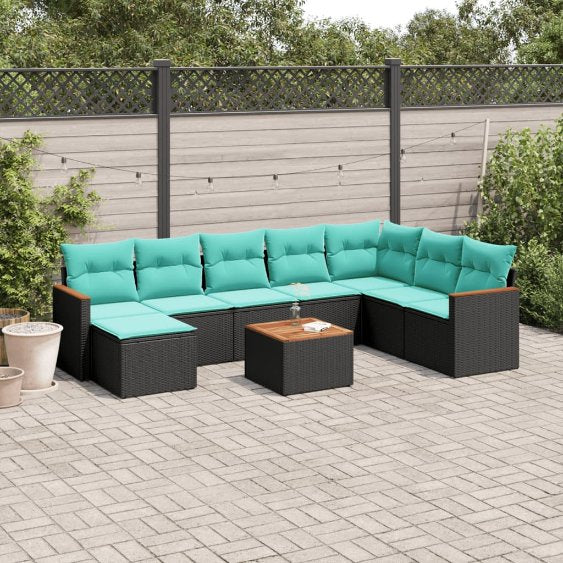 8-teiliges Gartensofa-Set mit Kissen, schwarzes Polyrattan