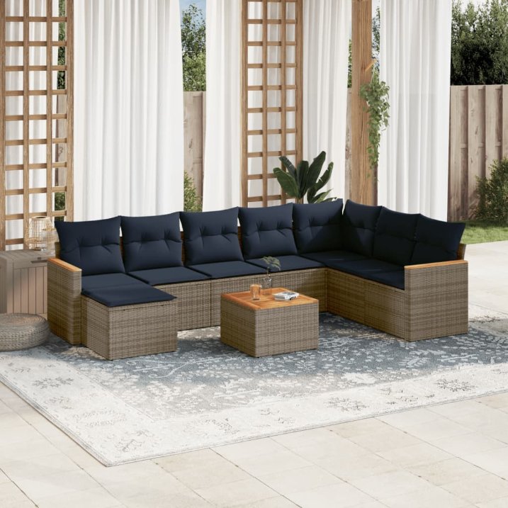 8-teiliges Gartensofa-Set mit Kissen, schwarzes Polyrattan