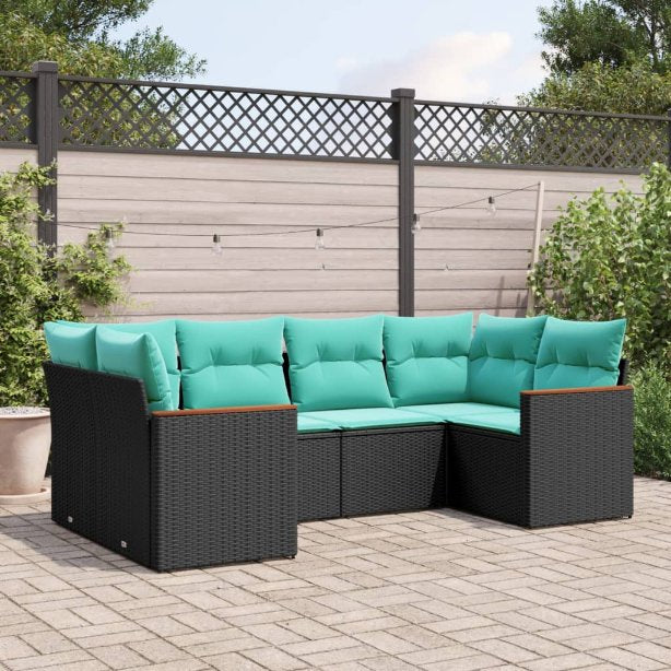 6-teiliges Gartensofa-Set mit Kissen, schwarzes Polyrattan