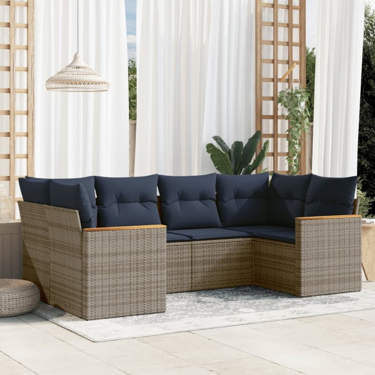 6-teiliges Gartensofa-Set mit Kissen, schwarzes Polyrattan