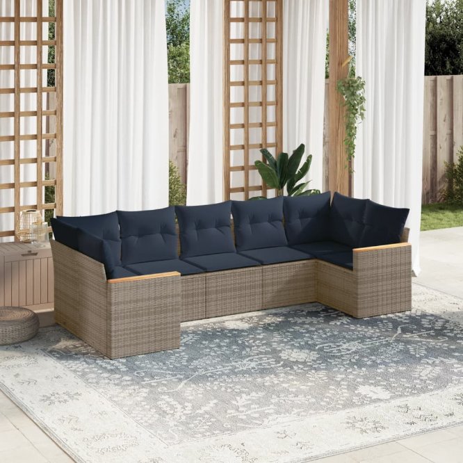 7-teiliges Gartensofa-Set mit Kissen, schwarzes Polyrattan