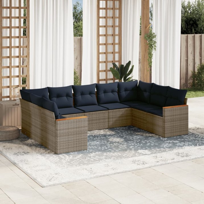9-teiliges Gartensofa-Set mit Kissen, schwarzes Polyrattan
