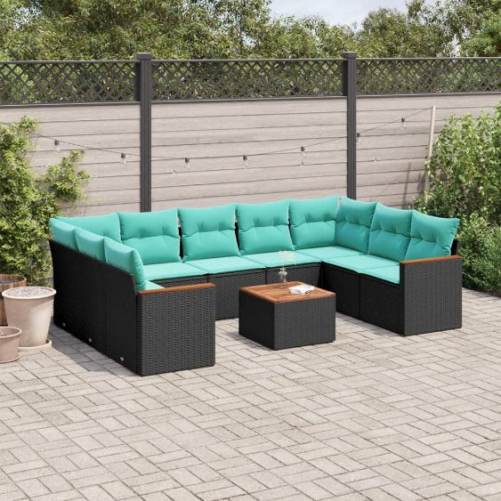9-teiliges Gartensofa-Set mit Kissen, schwarzes Polyrattan