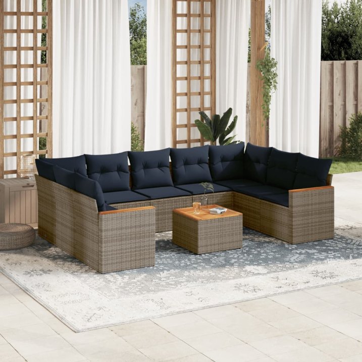 9-teiliges Gartensofa-Set mit Kissen, schwarzes Polyrattan