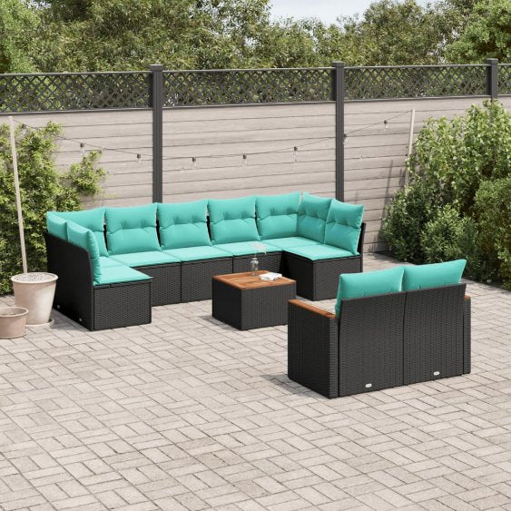 9-teiliges Gartensofa-Set mit Kissen, schwarzes Polyrattan