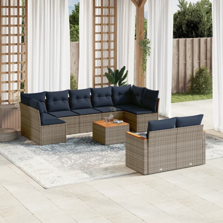9-teiliges Gartensofa-Set mit Kissen, schwarzes Polyrattan