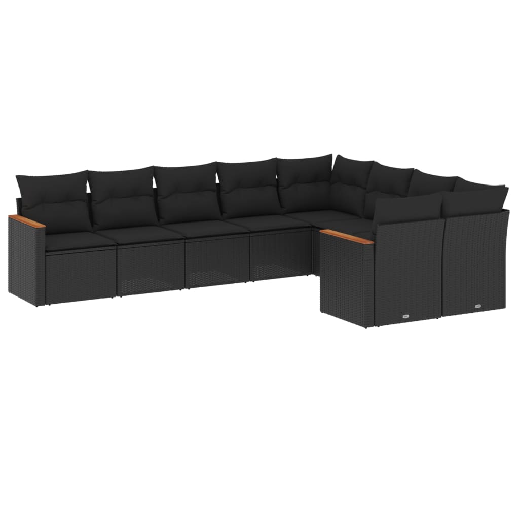 9-tlg. Garten-Sofagarnitur mit Kissen Schwarz Poly Rattan