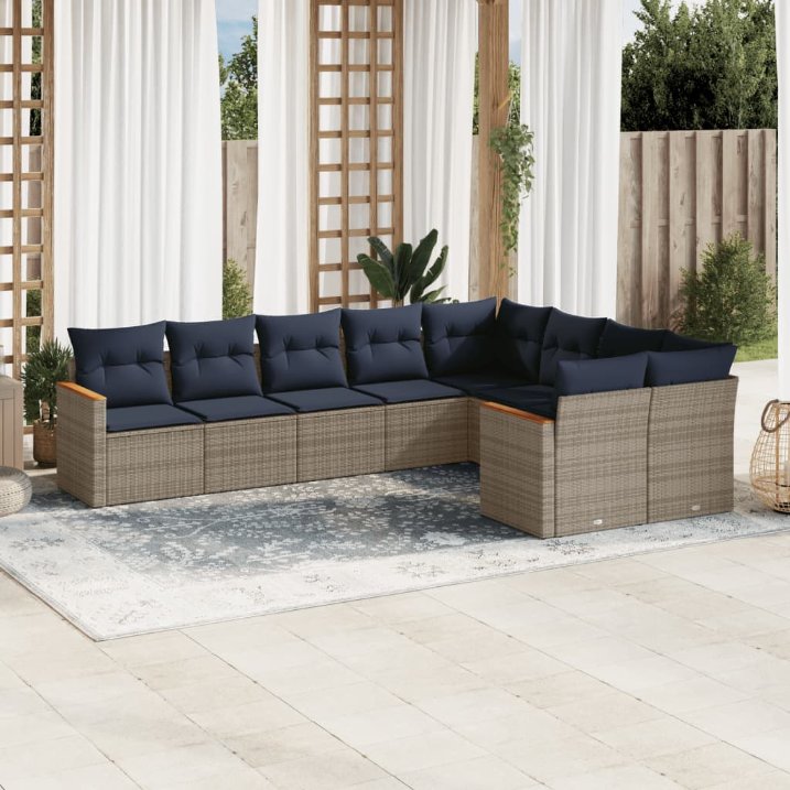 9-teiliges Gartensofa-Set mit Kissen, schwarzes Polyrattan