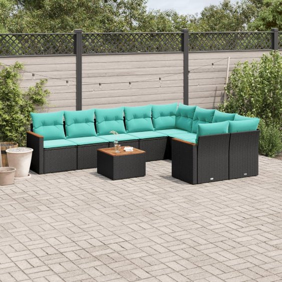 9-teiliges Gartensofa-Set mit Kissen, schwarzes Polyrattan