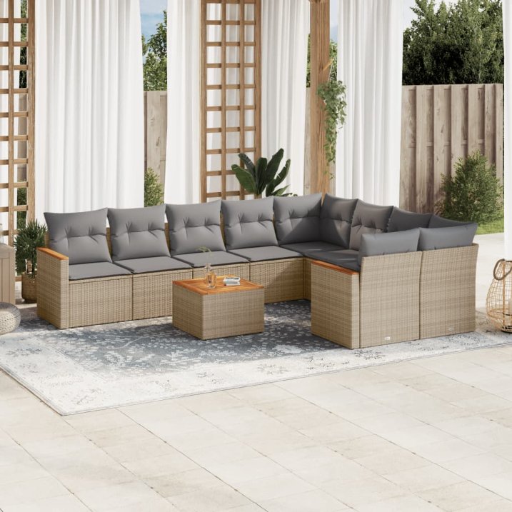 9-tlg. Garten-Sofagarnitur mit Kissen Schwarz Poly Rattan
