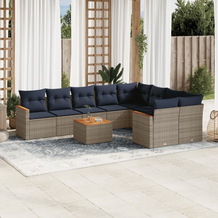 9-teiliges Gartensofa-Set mit Kissen, schwarzes Polyrattan