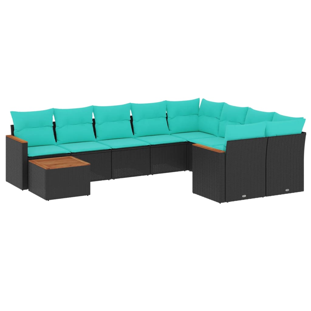 vidaXL 10-teiliges Gartensofa-Set mit Kissen, schwarzes Polyrattan