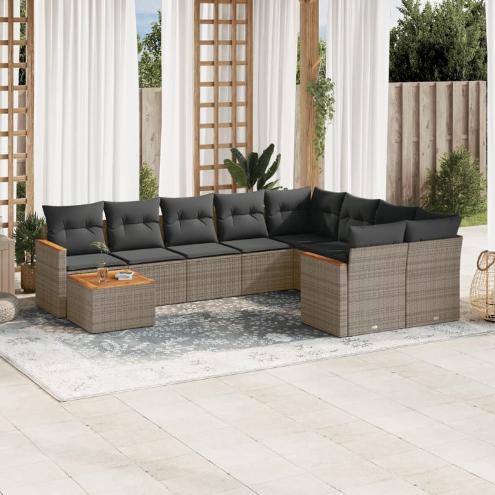 vidaXL 10-tlg. Garten-Sofagarnitur mit Kissen Schwarz Poly Rattan