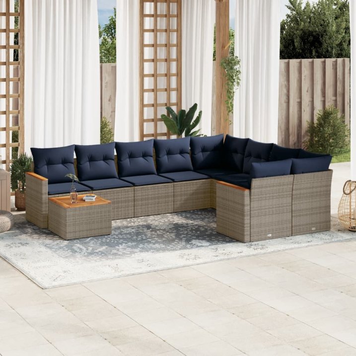 vidaXL 10-teiliges Gartensofa-Set mit Kissen, schwarzes Polyrattan