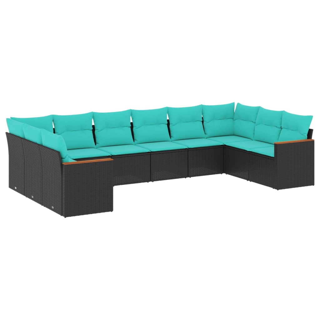 vidaXL 10-teiliges Gartensofa-Set mit Kissen, schwarzes Polyrattan