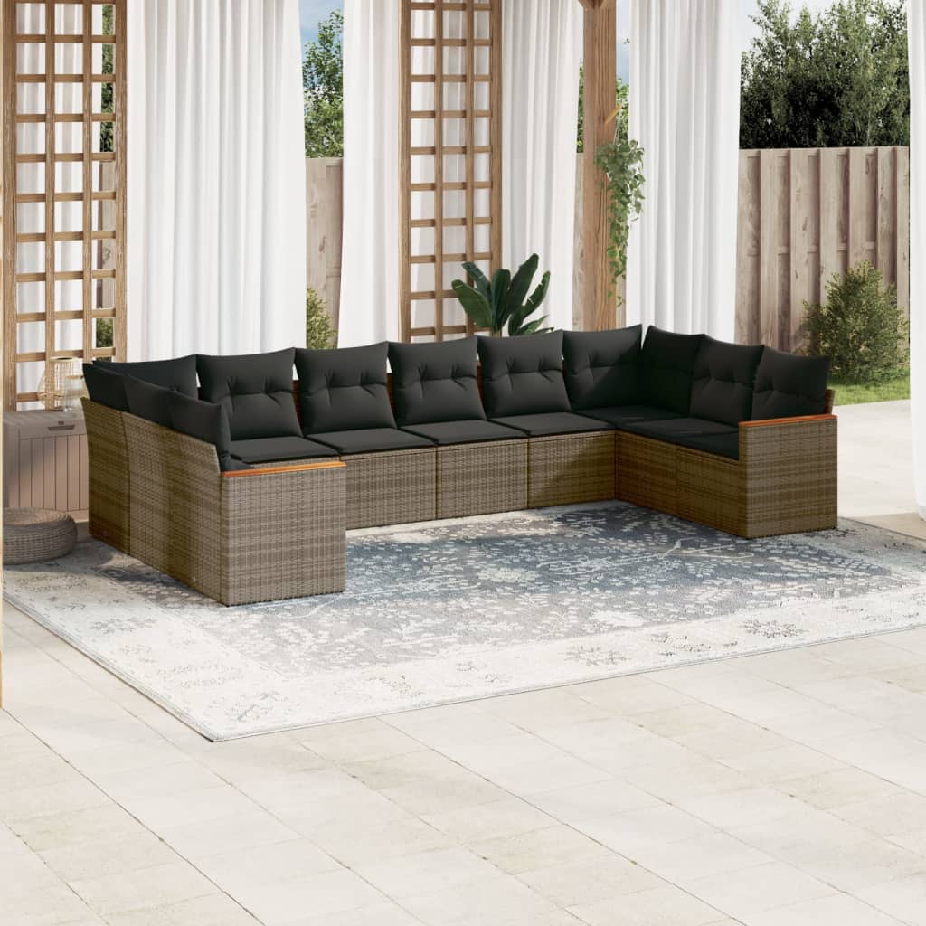 vidaXL 10-tlg. Garten-Sofagarnitur mit Kissen Schwarz Poly Rattan
