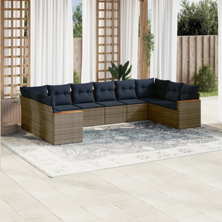vidaXL 10-teiliges Gartensofa-Set mit Kissen, schwarzes Polyrattan