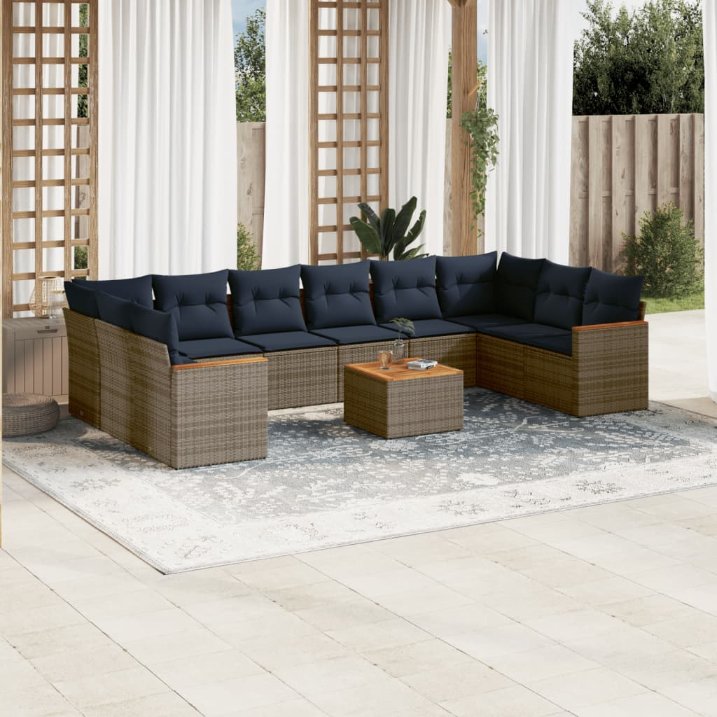 vidaXL 10-teiliges Gartensofa-Set mit Kissen, schwarzes Polyrattan