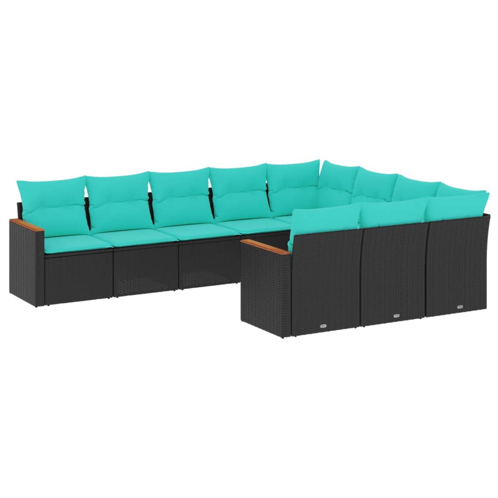 vidaXL 10-teiliges Gartensofa-Set mit Kissen, schwarzes Polyrattan