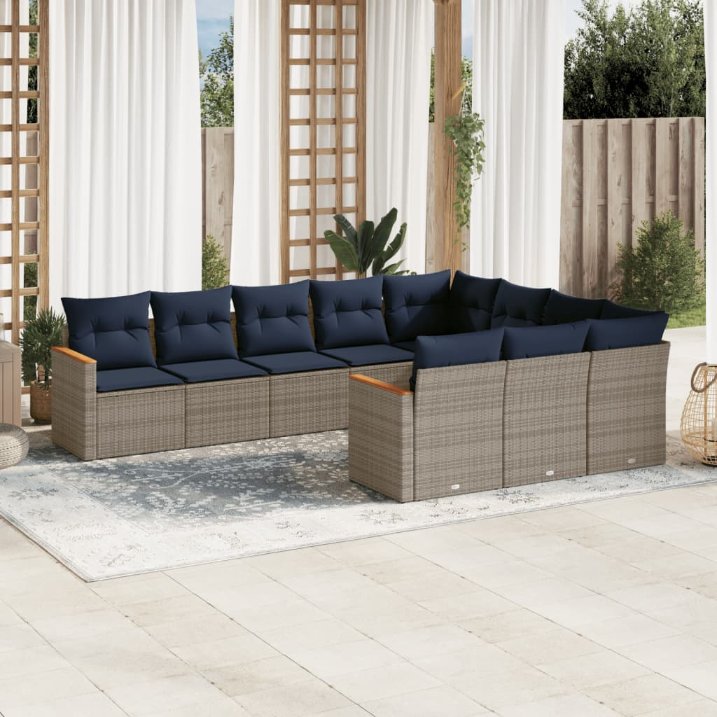 vidaXL 10-teiliges Gartensofa-Set mit Kissen, schwarzes Polyrattan