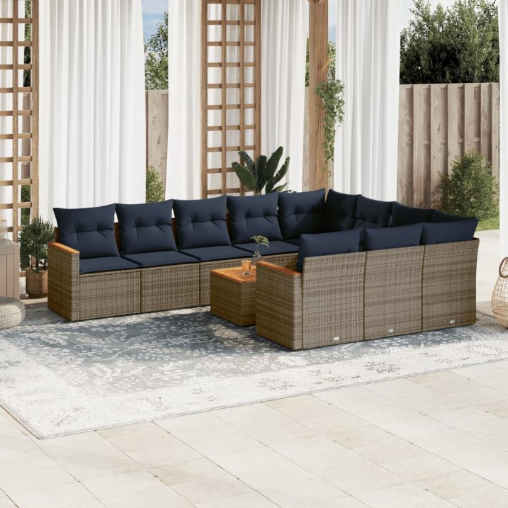vidaXL 10-teiliges Gartensofa-Set mit Kissen, schwarzes Polyrattan