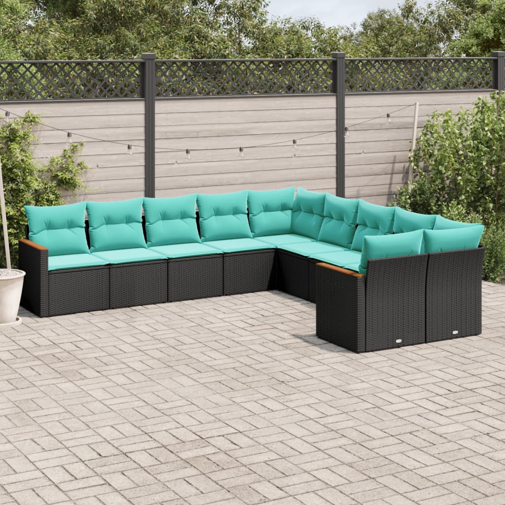 vidaXL 10-teiliges Gartensofa-Set mit Kissen, schwarzes Polyrattan