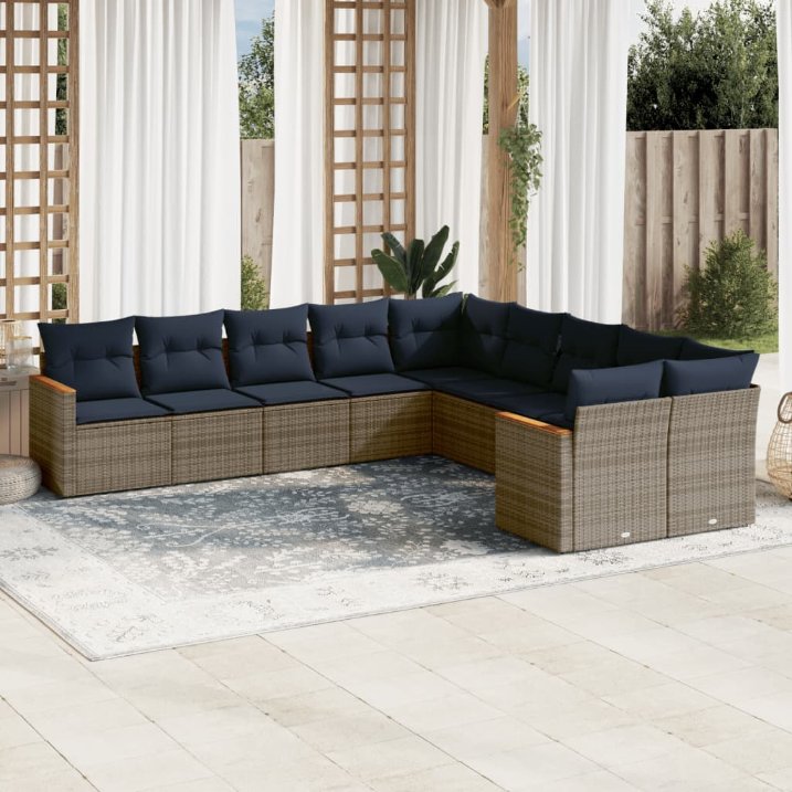 vidaXL 10-teiliges Gartensofa-Set mit Kissen, schwarzes Polyrattan