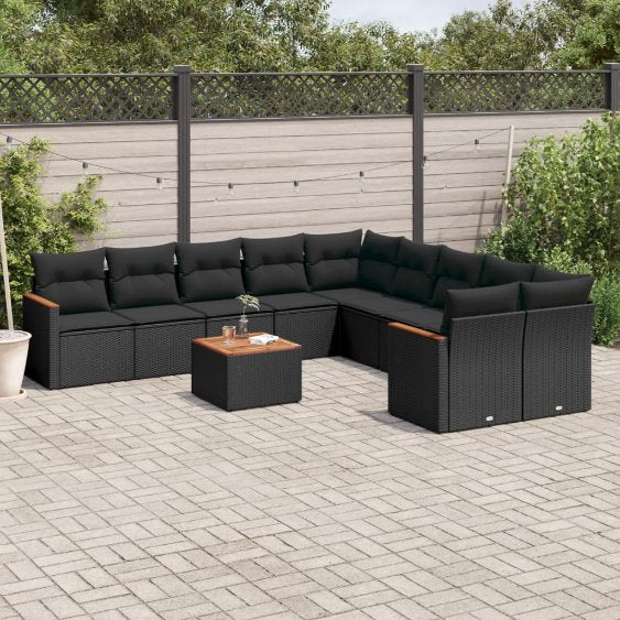 vidaXL 10-tlg. Garten-Sofagarnitur mit Kissen Schwarz Poly Rattan