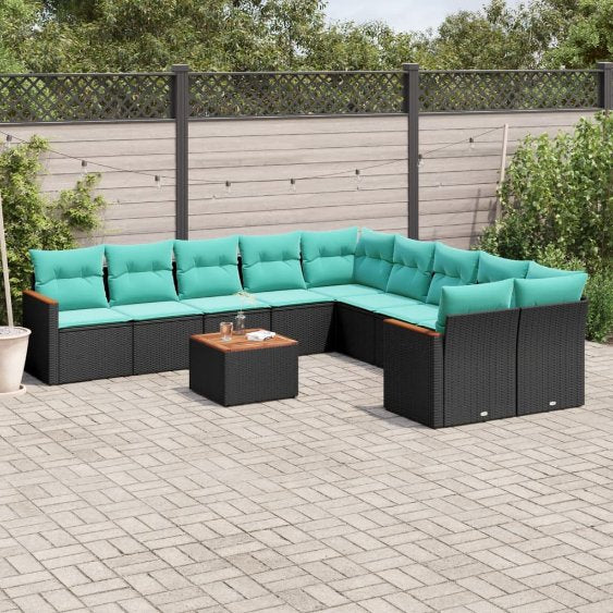 vidaXL 10-teiliges Gartensofa-Set mit Kissen, schwarzes Polyrattan