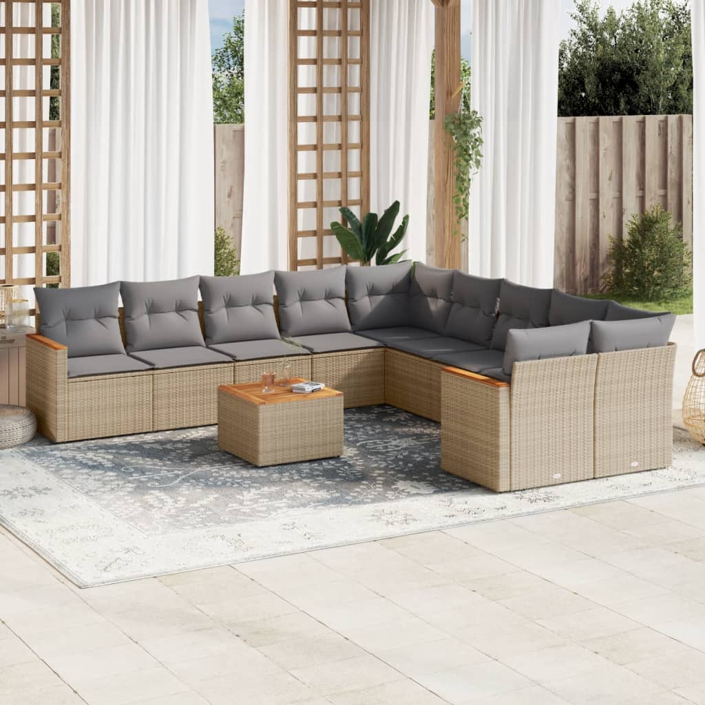 vidaXL 10-tlg. Garten-Sofagarnitur mit Kissen Schwarz Poly Rattan