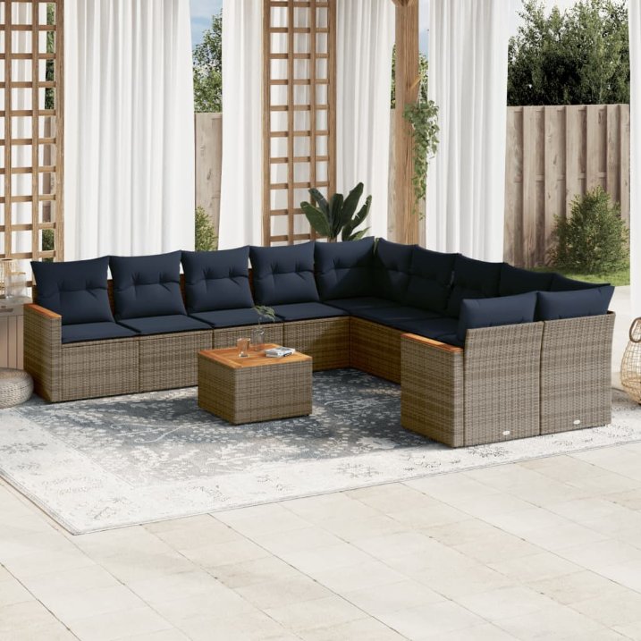 vidaXL 10-teiliges Gartensofa-Set mit Kissen, schwarzes Polyrattan