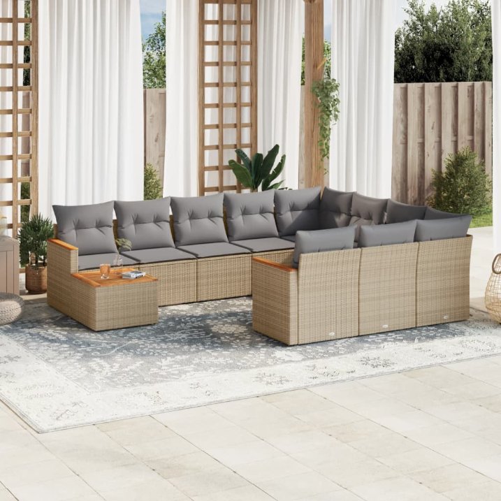 11-tlg. Garten-Sofagarnitur mit Kissen Schwarz Poly Rattan