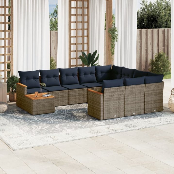 vidaXL 11-teiliges Gartensofa-Set mit Kissen, schwarzes Polyrattan