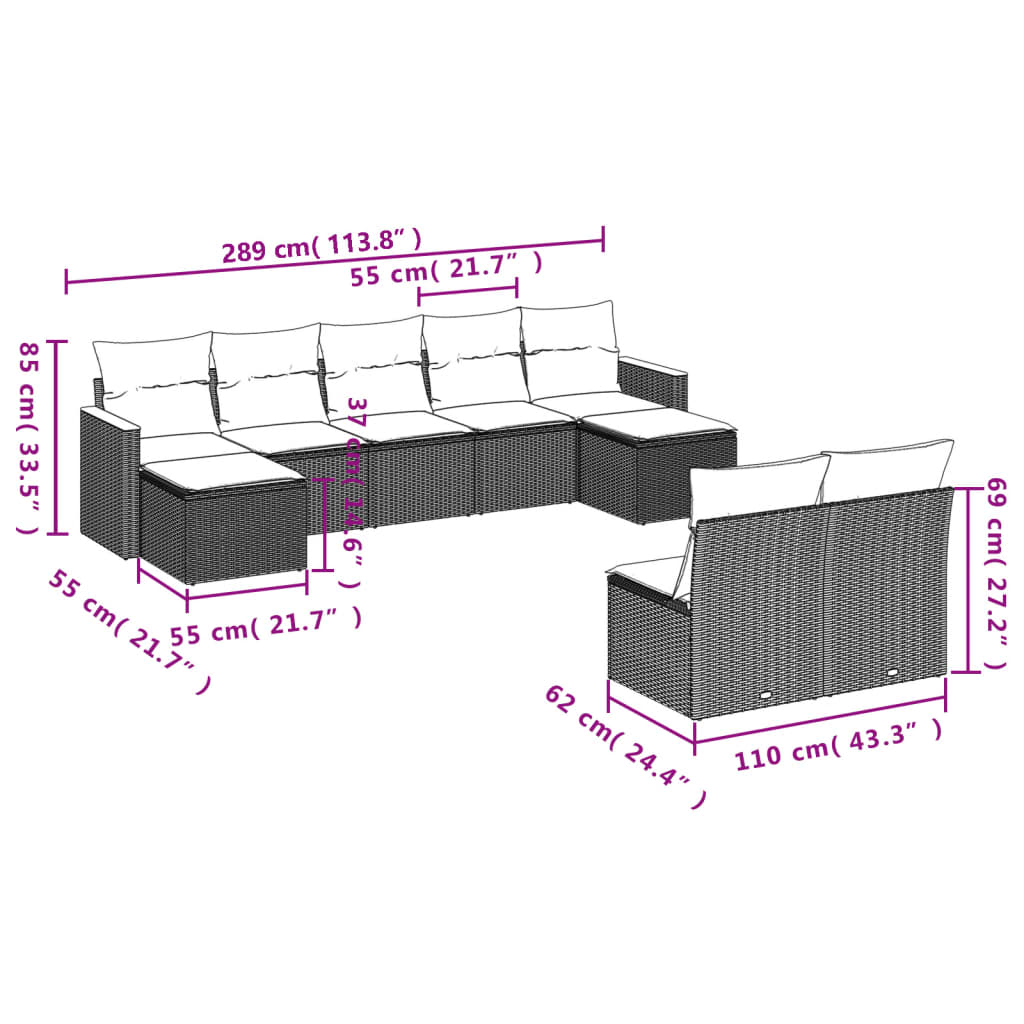 9-teiliges Gartensofa-Set mit Kissen, schwarzes Polyrattan