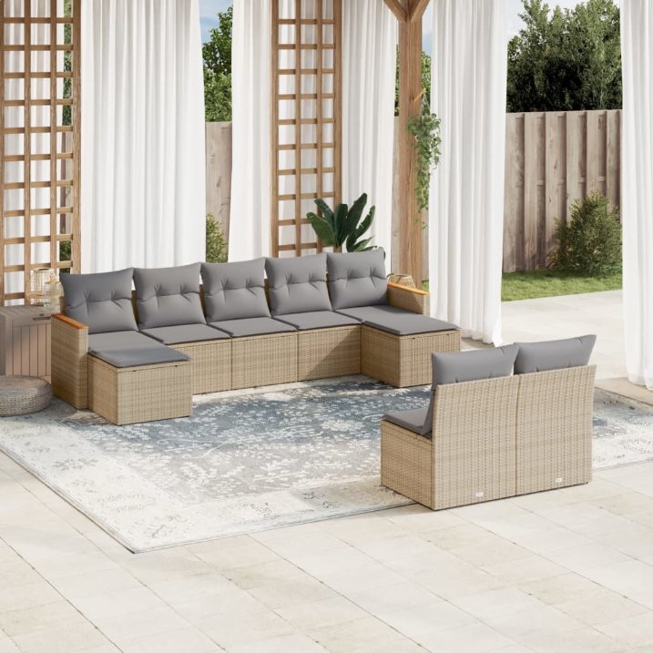 9-tlg. Garten-Sofagarnitur mit Kissen Schwarz Poly Rattan