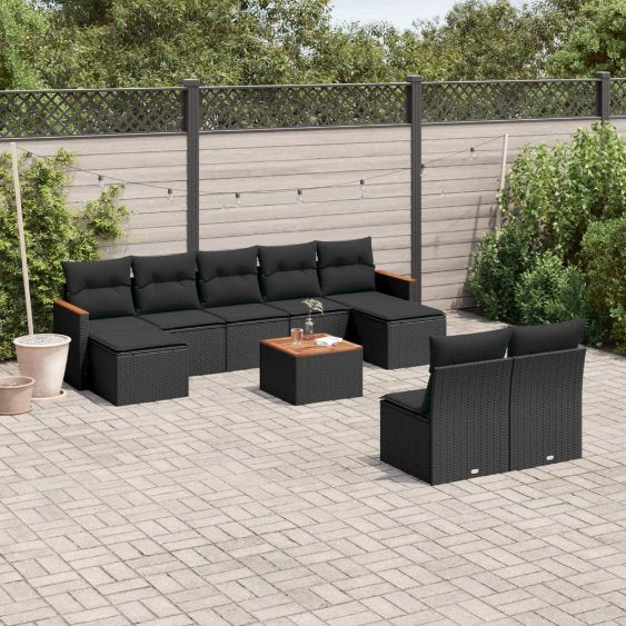 9-tlg. Garten-Sofagarnitur mit Kissen Schwarz Poly Rattan