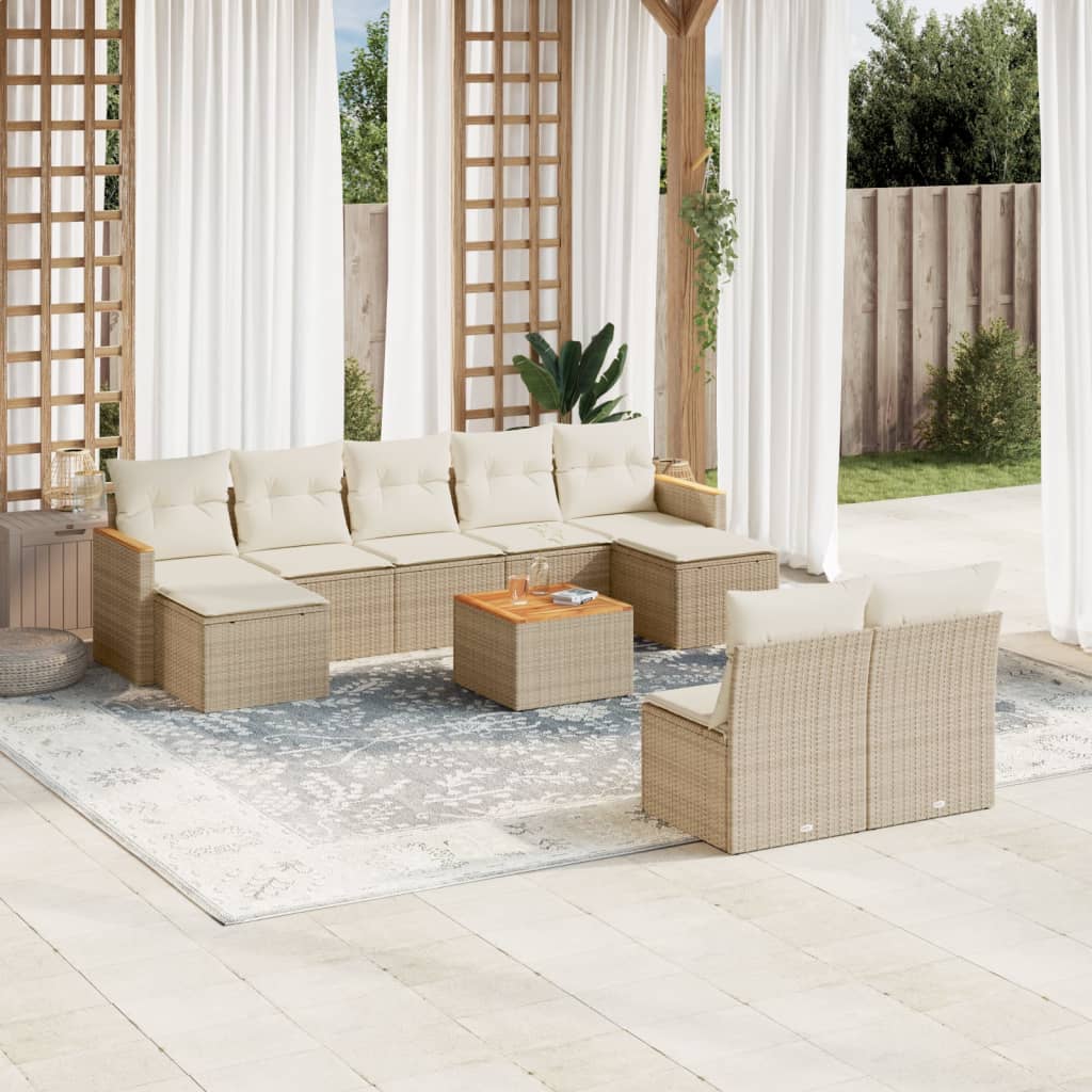 9-tlg. Garten-Sofagarnitur mit Kissen Schwarz Poly Rattan