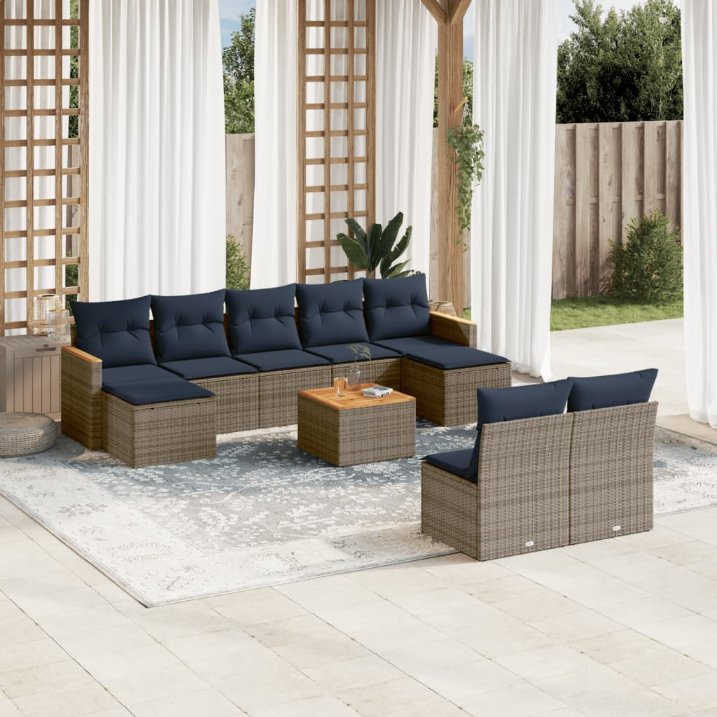 9-teiliges Gartensofa-Set mit Kissen, schwarzes Polyrattan