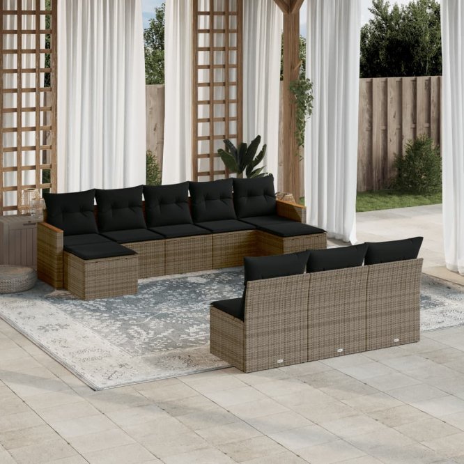 vidaXL 10-tlg. Garten-Sofagarnitur mit Kissen Schwarz Poly Rattan