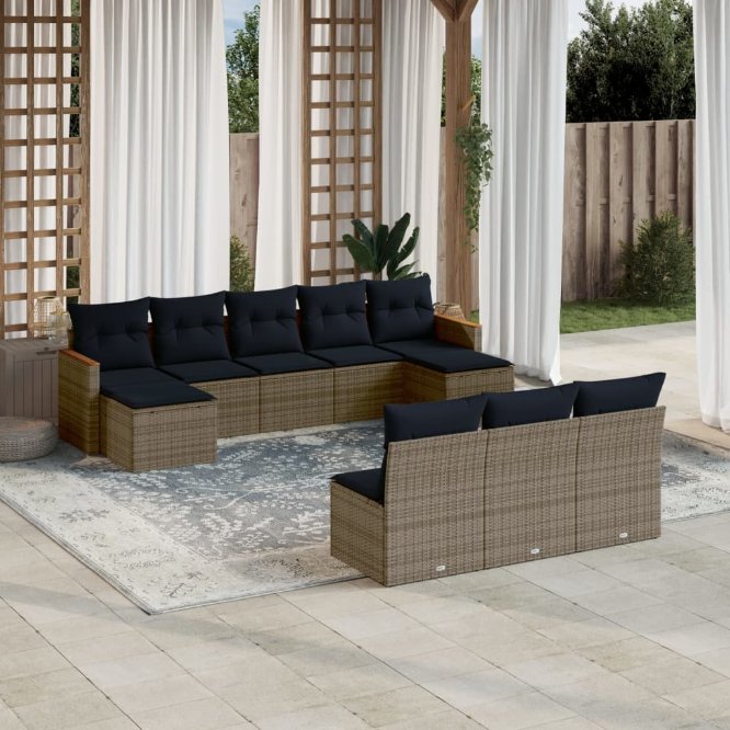 vidaXL 10-teiliges Gartensofa-Set mit Kissen, schwarzes Polyrattan