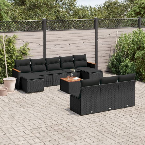 vidaXL 10-tlg. Garten-Sofagarnitur mit Kissen Schwarz Poly Rattan