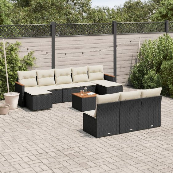 vidaXL 10-tlg. Garten-Sofagarnitur mit Kissen Schwarz Poly Rattan