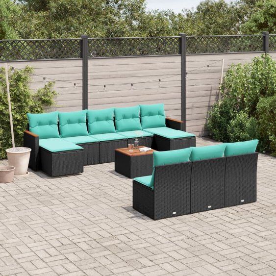 vidaXL 10-teiliges Gartensofa-Set mit Kissen, schwarzes Polyrattan