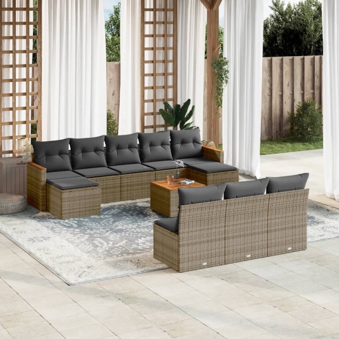 vidaXL 10-tlg. Garten-Sofagarnitur mit Kissen Schwarz Poly Rattan