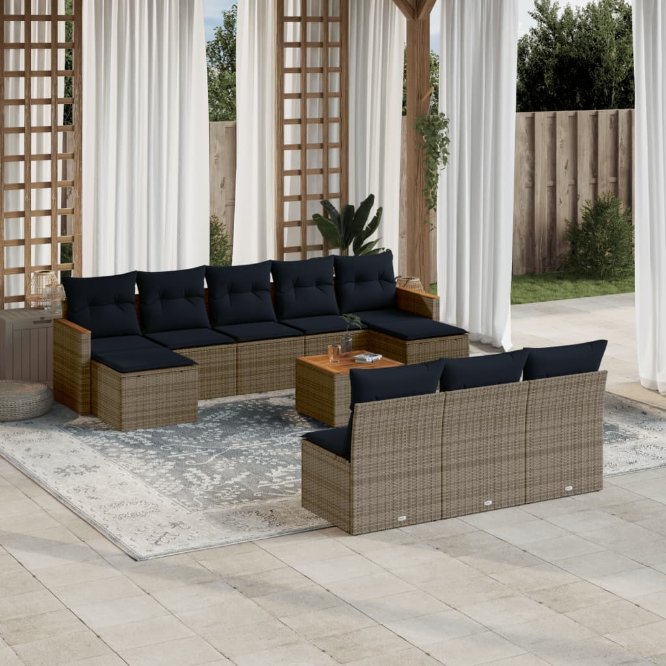 vidaXL 10-teiliges Gartensofa-Set mit Kissen, schwarzes Polyrattan