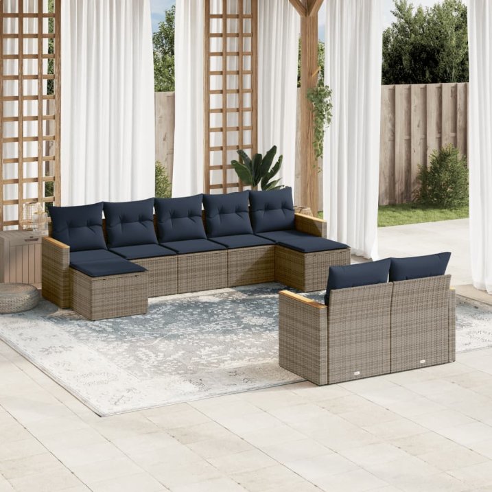9-teiliges Gartensofa-Set mit Kissen, schwarzes Polyrattan