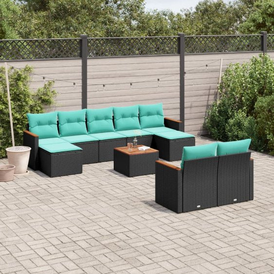 9-teiliges Gartensofa-Set mit Kissen, schwarzes Polyrattan