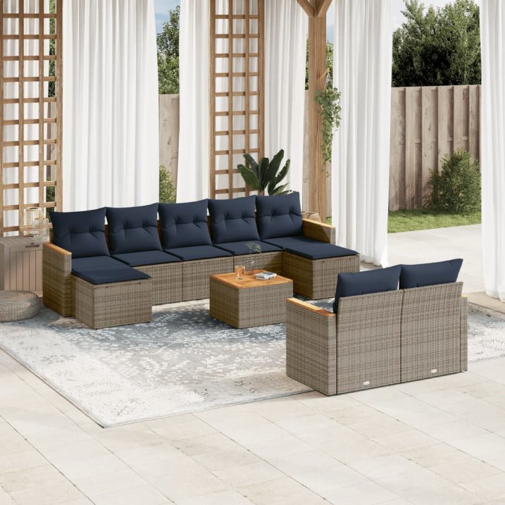 9-teiliges Gartensofa-Set mit Kissen, schwarzes Polyrattan
